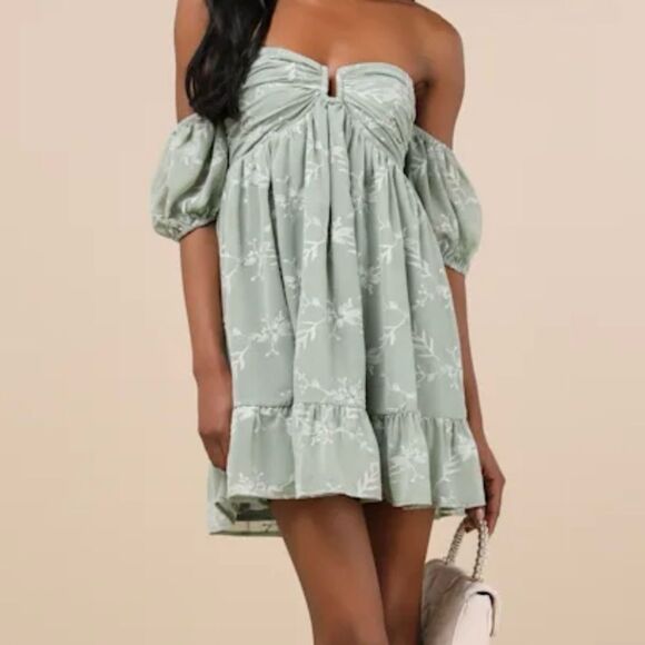 Lulus Cutest Icon Sage Green Embroidered Off-the-Shoulder Mini Dress - Picture 3 of 10